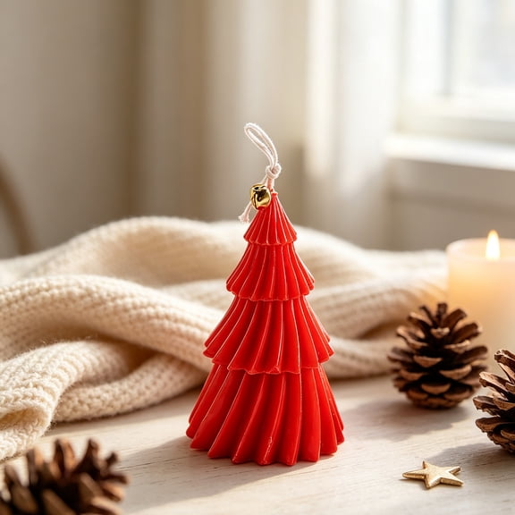 Liamobondopolis Christmas Tree Scented Candle 4.3IN, Folded Pine Tree Candle with Gold Bell for Holiday Tabletop Decor