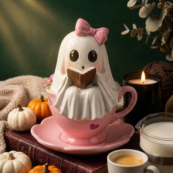 Liamobondopolis Pink Halloween Decor Cute Ghost Teacup Figurine, Ceramic Statue with Bow, 4.5" Small Fall Tiered Tray & Desk Accent, Spooky Gift for Women