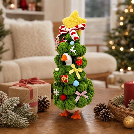 Liamobondopolis Desk Goose Christmas Tree Outfit, Handmade Knitted Green Christmas Tree with Star Topper and Festive Bows Fits 7 Inch Desktop Goose, Whimsical Holiday Decor for Home and Office