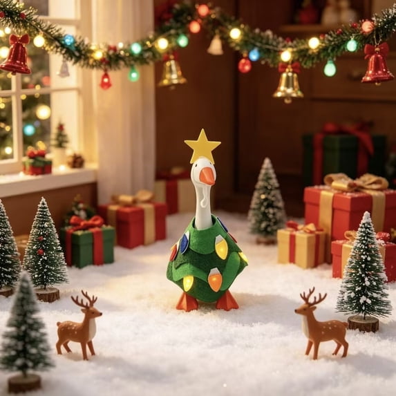 Liamobondopolis Desk Goose Christmas Tree Outfit with Star Topper and Colorful Lights, Magnetic Felt Goose Costume Fits 7 Inch Desktop Goose, Festive Holiday Decor for Home and Office
