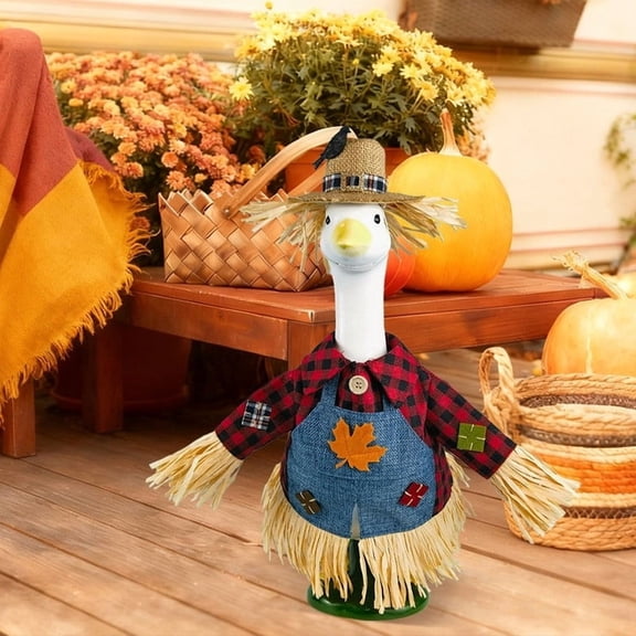 Liamobondopolis Fall Scarecrow Porch Goose Outfit with Plaid Shirt Denim Overalls and Straw Hat for 23 Inch Figurine Outdoor and Patio Decor