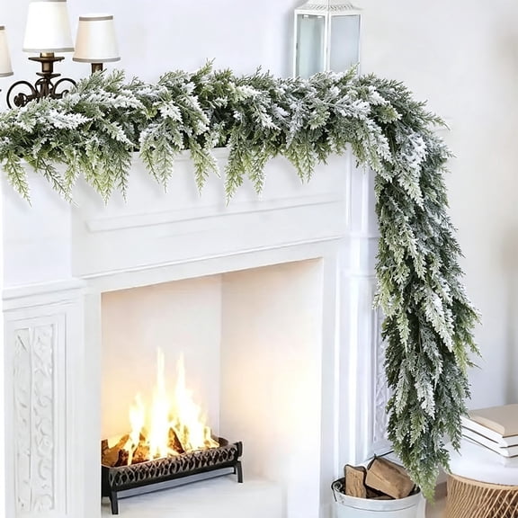 Liamobondopolis Flocked Christmas Garland 5.9 Ft Artificial Frosted Pine Cedar Cypress Leaves Soft Rubber Winter Holiday Mantel Staircase Decor