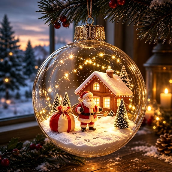 Liamobondopolis Glowing Christmas Story Ornament, Light Up Mini Scene with Santa and Cabin, Shatterproof Acrylic Hanging Decor, 3.14 Inches