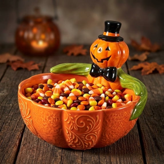 Liamobondopolis Halloween Candy Bowl with Lid, Large Resin Pumpkin Candy Dish for Party, Decorative Halloween Cookie Jar, Spooky Pumpkin Bowl for Treats & Home Decor