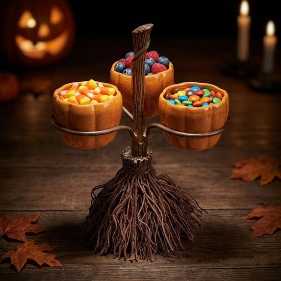 Liamobondopolis Halloween Candy Bowl Stand, 3 Pumpkin Bowls Serving Tray with Broomstick Base, Spooky Candy Dish for Party, Fall Dessert Stand & Holiday Decor