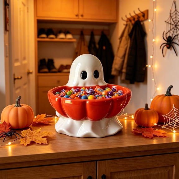 Liamobondopolis Halloween Ghost Candy Bowl Ceramic Red Pumpkin Shape 5.7 Inch Decor