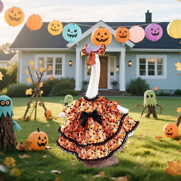 Liamobondopolis Halloween Ghost Pumpkin 2 Piece Porch Goose Outfits Tiered Ruffle Dress and Sequin Bow Fits 23 Inch Porch Goose Outfits for Fall Yard Decor