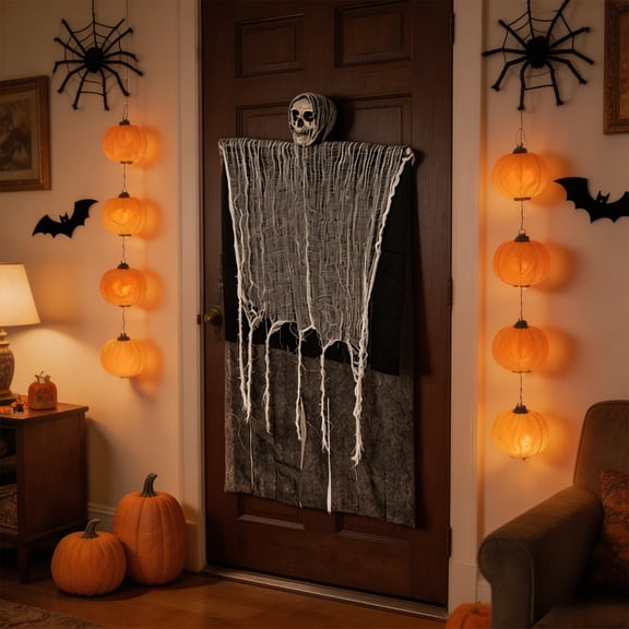 Liamobondopolis Halloween Hanging Skeleton Door Curtain with Tattered Gauze Spooky Halloween Decor and Halloween Party Decorations for Door Wall and Porch Displays