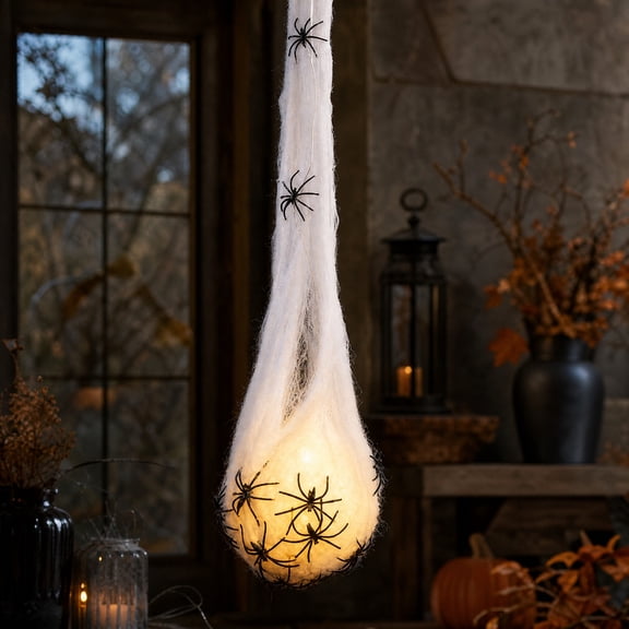 Liamobondopolis Halloween Hanging Spider Egg 41.33 x 3.14 Inch Lighted LED Spooky Cobweb Haunted House Party Porch Decor