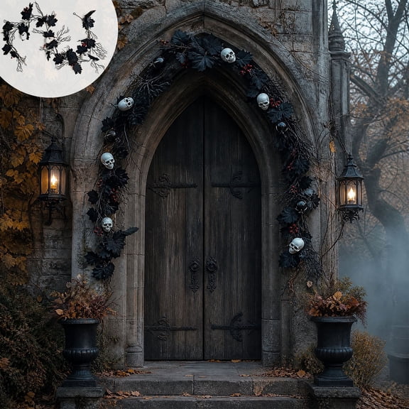 Liamobondopolis Halloween Skull and Black Maple Leaf Garland for Home Decor Fireplace Mantel and Haunted House Styling 68.89 In