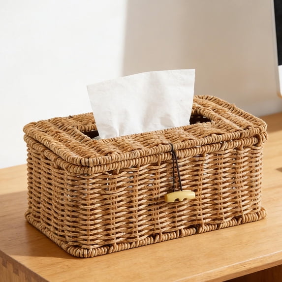 Liamobondopolis Hand Woven Rectangular Tissue Box Wooden Toggle Closure Secures Flip Lid Decorative Holder for Farmhouse Kitchen and Dining Spaces