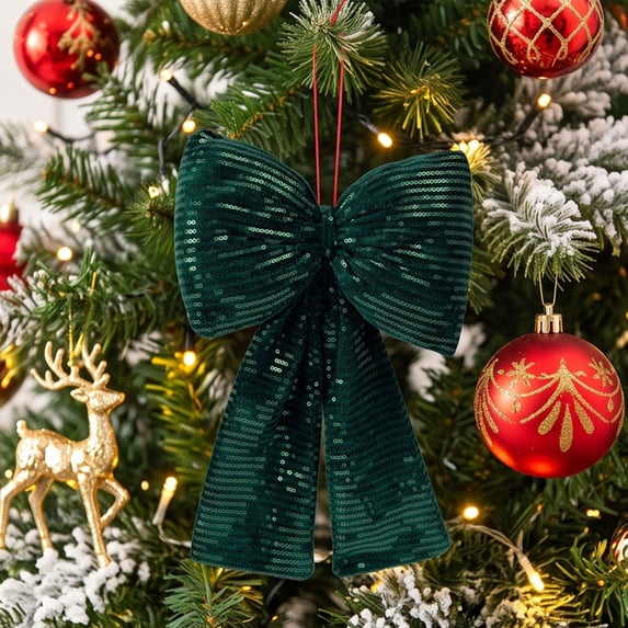 Liamobondopolis Large Christmas Sequin Bow Decoration with Hanging String, 12 Inch Glitter Stripe Tree Topper Ornament for Holiday Party and Xmas Home Decor