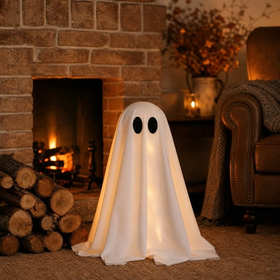 Liamobondopolis Light Up Standing Ghost Decor, Simple Solid Fabric Ghost Figurine for Halloween Tabletop Mantel Indoor Holiday Decor, 18.9 Inches