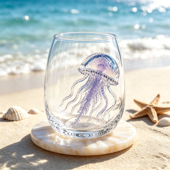 Liamobondopolis Artisanal Purple Jellyfish Glassware, Marine Animal Handcrafted Tea Cup, Coastal Home Bar Glass Decor Gift for Ocean Lovers
