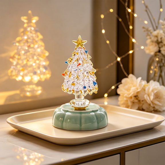 Liamobondopolis Rotating Christmas Tree Night Light Clear Glass Green Base 3.54 Inch