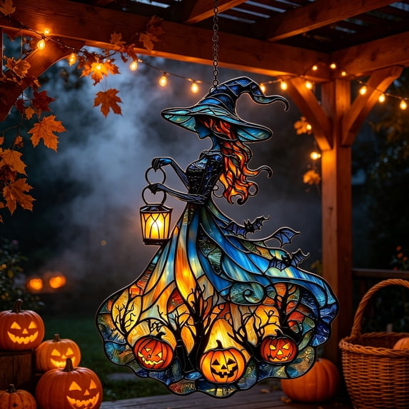 Liamobondopolis Stained Glass Style Witch Acrylic Hanging Ornament with Pumpkin Bat Lantern Print for Halloween Window Door Wall Decor 7.87 In
