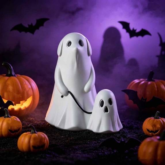 Liamobondopolis Whimsical Ghost Dog Resin Figurine with Leashed Mini Floral Ghost for Halloween Tabletop Fireplace Mantel Fall Seasonal Decor 6.1 In