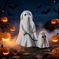 thumbnail image 1 of Liamobondopolis Whimsical Ghost Dog Resin Figurine with Leashed Mini Floral Ghost for Halloween Tabletop Fireplace Mantel Fall Seasonal Decor 6.1 In, 1 of 5