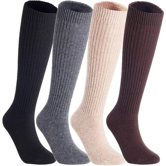 Lian LifeStyle Big Girl's Women's 4 Pairs Exceptional Knee High Wool Socks Non-Slip, Cozy And Cool LBGFS05 Size 6-9 Black, Grey, Beige, Brown