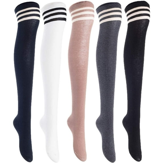 Lian LifeStyle Big Girl's Women's 5 Pairs Thigh High Cotton Socks Size 6-9 L1022