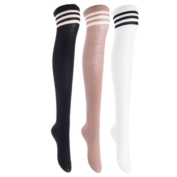 Lian LifeStyle Exquisite Big Girl's Women's 3 Pairs Thigh High Cotton Socks in Vibrant Unique Colors Size 6-9 L1022Blk,Khaki,White