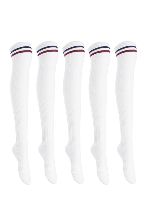 Lian LifeStyle Exquisite Big Girl's Women's 5 Pairs Thigh High Cotton Socks. Female Socks in Vibrant Colors Size 6-9 L1023White