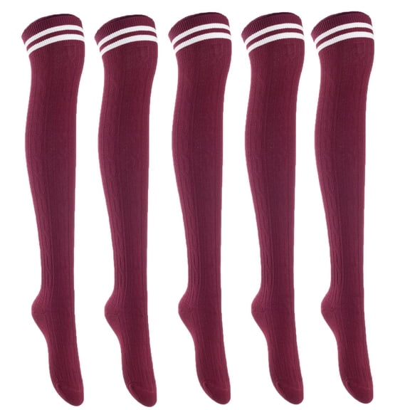 Lian LifeStyle Exquisite Big Girl's Women's 5 Pairs Thigh High Cotton Socks. Female Socks in Vibrant Colors Size 6-9 L1023Wine