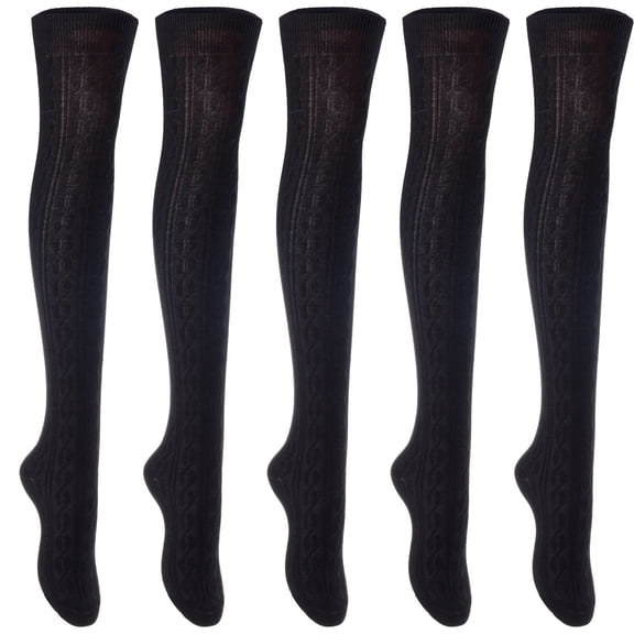Lian LifeStyle Exquisite Big Girl's Women's 5 Pairs Thigh High Cotton Socks. Female Socks in Vibrant Colors Size 6-9 L1024Black