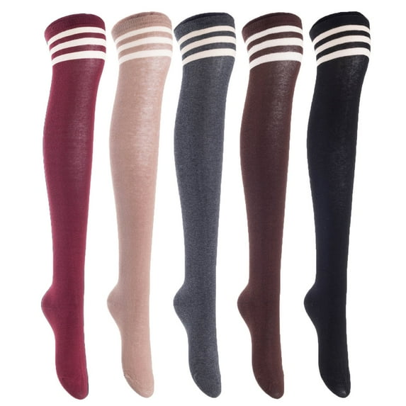 Lian LifeStyle Exquisite Big Girl's Women's 5 Pairs Thigh High Cotton Socks Size 6-9 L1022(Blk,Cof,DG,Kaki,Wine)