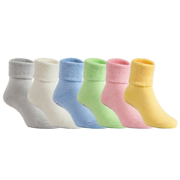 Lian LifeStyle Unisex Children 6 Pairs Thick Non-Slip Non-Skid Pure Cotton Socks 1Y-3Y Multi Color