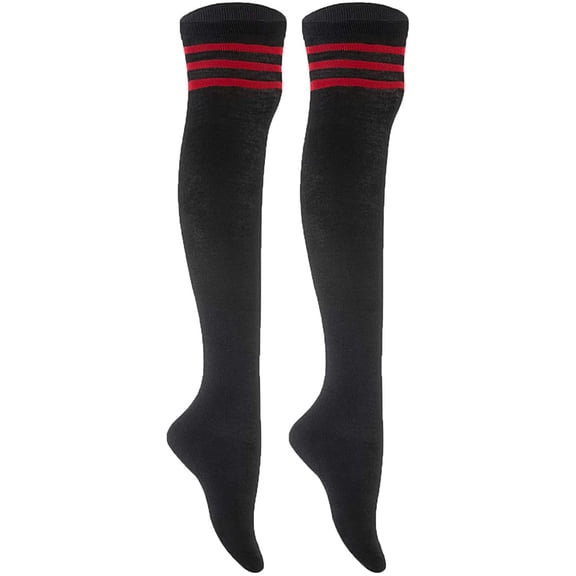 Lian LifeStyle Women's 2 Pairs Adorable, Fashionable and Ultra-Soft Thigh High Cotton Socks for everyday relaxed feet RX Size 6-9 (Red Strip)2P1