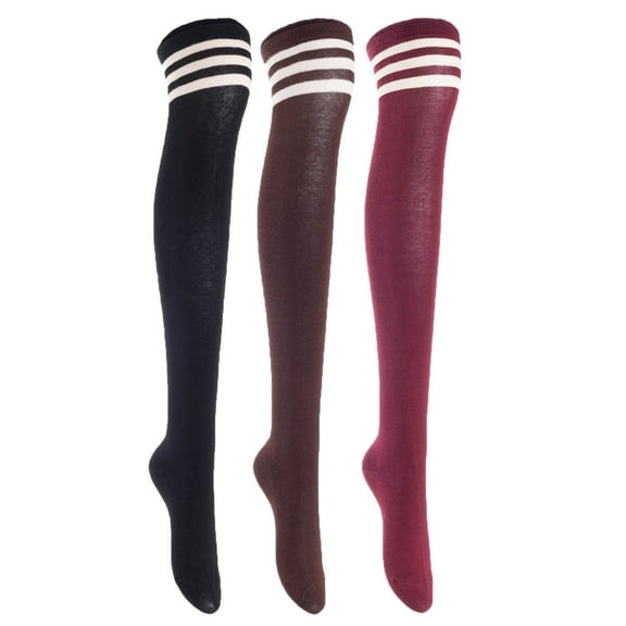 Lian LifeStyle Exquisite Big Girl's Women's 3 Pairs Thigh High Cotton Socks in Vibrant Unique Colors Size 6-9 L1022Blk,Cofe,Wine