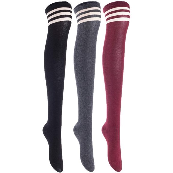 Lian LifeStyle Women's 3 Pairs Adorable Comfortable Soft Thigh High Over Knee High Cotton Socks Size 6-9 L1022Black, Dark Grey, Wine