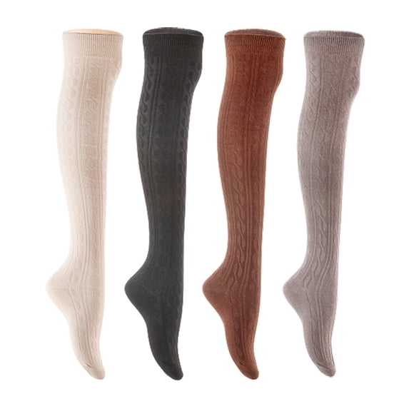 Lian LifeStyle Women's 4 Pair Adorable Comfortable Soft Thigh High Over Knee High Cotton Socks Size 6-9 L1024 Cream,Black,Coffee,Dark Grey