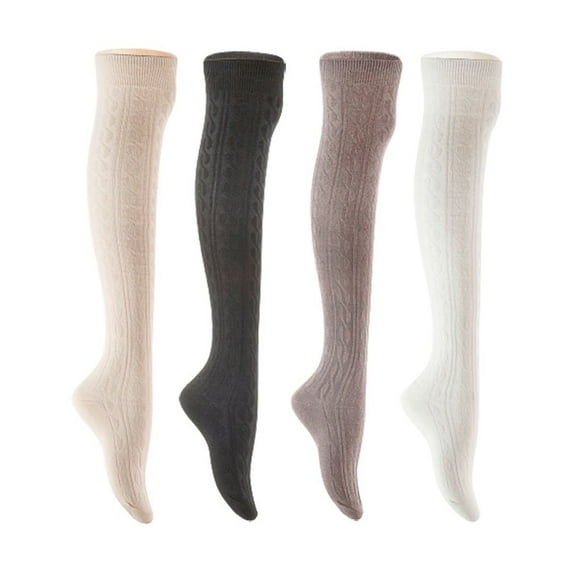 Lian LifeStyle Women's 4 Pair Adorable Comfortable Soft Thigh High Over Knee High Cotton Socks Size 6-9 L1024 Cream,Black,Dark Grey,White