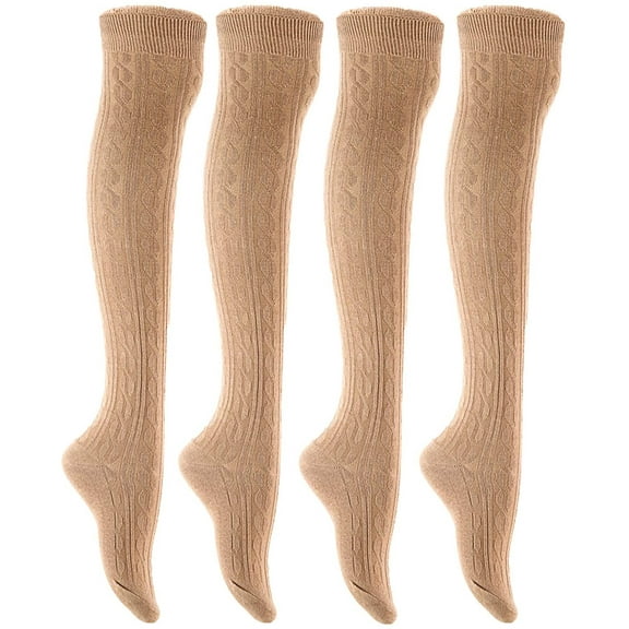 Lian LifeStyle Women's 4 Pairs Adorable, Fashionable, and Ultra-Soft Thigh High Natural Cotton Socks L1024 Size 6-9 Beige