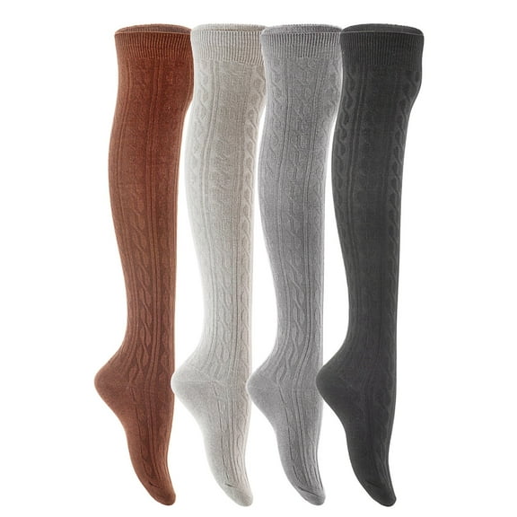 Lian LifeStyle Women's 4 Pairs Adorable,  and Ultra-Soft Thigh High Cotton Socks LW1024 Size 6-9 Black,Coffee, Grey, DarkGrey