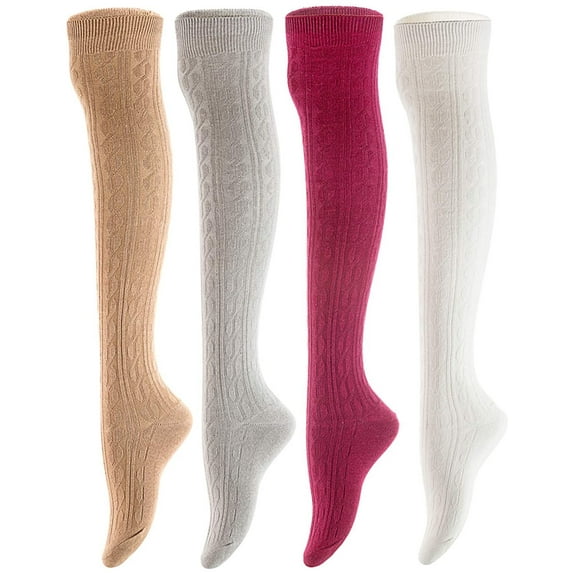 Lian LifeStyle Women's 4 Pairs Adorable, and Ultra-Soft Thigh High Natural Cotton Socks Size 6-9 L1024 Beige,Light Grey,Wine,White