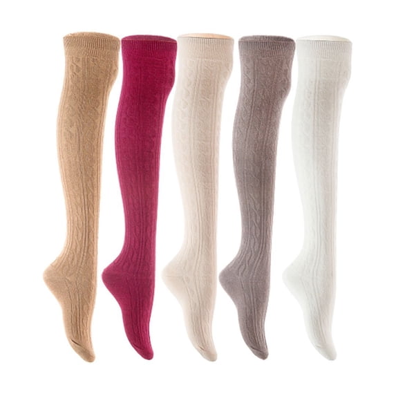 Lian LifeStyle Women's 5 Pair Adorable Comfortable Soft Thigh High Over Knee High Cotton Socks Size 6-9 L1024 Beige,Wine,Cream,Dark Grey,White