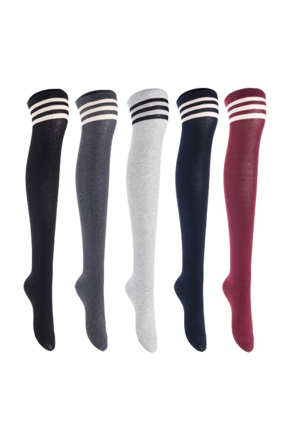 Women's 5 Pairs Adorable Comfortable Soft Thigh High Over Knee High Cotton Socks, Size 6-9, JMYP1022 Black, DarkGrey, LightGrey, Navy, Wine