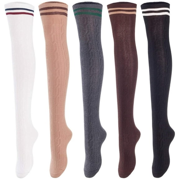 Lian LifeStyle Women's 5 Pairs Adorable Comfortable Soft Thigh High Over Knee High Cotton Socks Size 6-9 L1023(Black,Coffee,DG,Khaki,White)