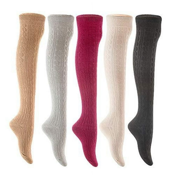 Lian LifeStyle Women's 5 Pairs Adorable Comfortable Soft Thigh High Over Knee High Cotton Socks Size 6-9 L1024(Beige,LG,Wine,Cream,Navy)