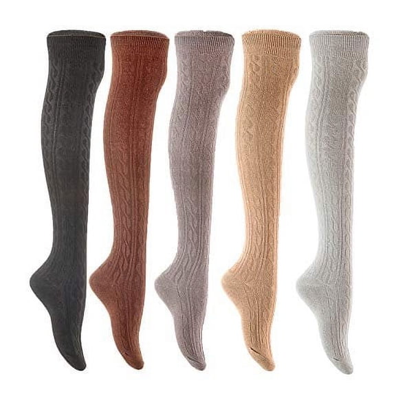 Lian LifeStyle Women's 5 Pairs Adorable Comfortable Soft Thigh High Over Knee High Cotton Socks Size 6-9 L1024(Blak,Coffee,DG,Cream,Beige)