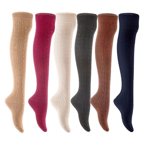 Lian LifeStyle Women's 6 Pair Adorable Comfortable Soft Thigh High Over Knee High Cotton Socks Size 6-9 L1024 Beige,Wine,Cream,Black,Coffee,Navy