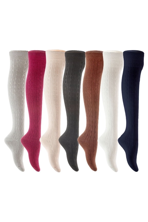 Women's 7 Pair Adorable Comfortable Soft Thigh High Over Knee High Cotton Socks Size 6-9 L1024 Light Grey,Wine,Cream,Black,Coffee,White,Navy