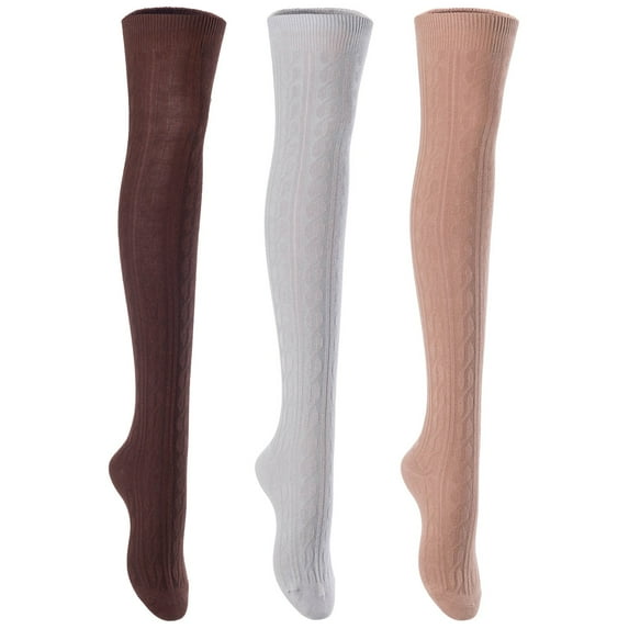 Lian Lifestyle Exquisite Big Girls Women 3 Pairs Thigh High Cotton Socks. Super Comfortable in Vibrant Colors Size 2.5-7 LBG1024 Coffee,Grey, Khaki