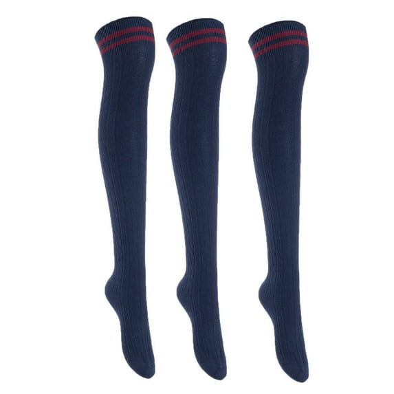 Lian LifeStyle Exquisite Big Girl's Women's 3 Pairs Thigh High Cotton Socks. Female Socks in Vibrant Colors Size 6-9 L1023Navy