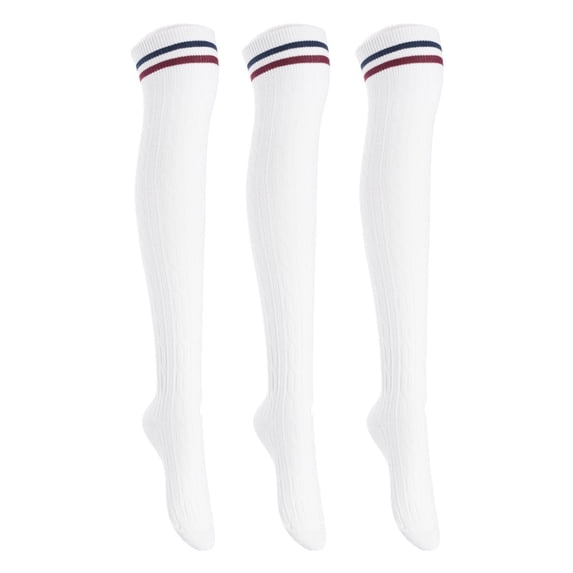 Lian Lifestyle Exquisite Big Girls Women 3 Pairs Thigh High Cotton Socks. Super Comfortable in Vibrant Unique Colors Size 2.5-7 LBG1023White