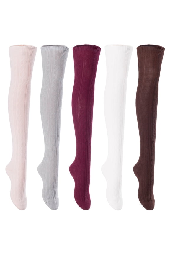 Lian Lifestyle Exquisite Big Girls Women 5 Pairs Thigh High Cotton Socks. Comfortable in Vibrant Colors Size 2.5-7 LBG1024(Beige,LG,Wine,Cream,Coffee)