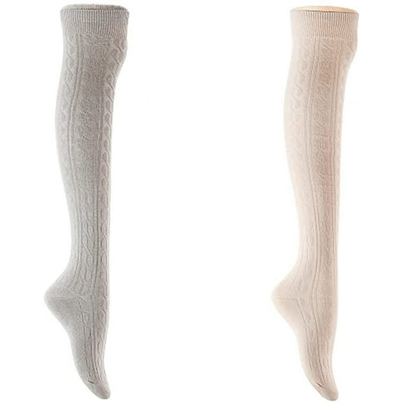Lian Style Women 2 Pairs Exquisite Thigh High Over Knee High Cotton Boot Socks With Vibrant Unique Colors Size 6-9 JMYP1024 Light Grey, Cream